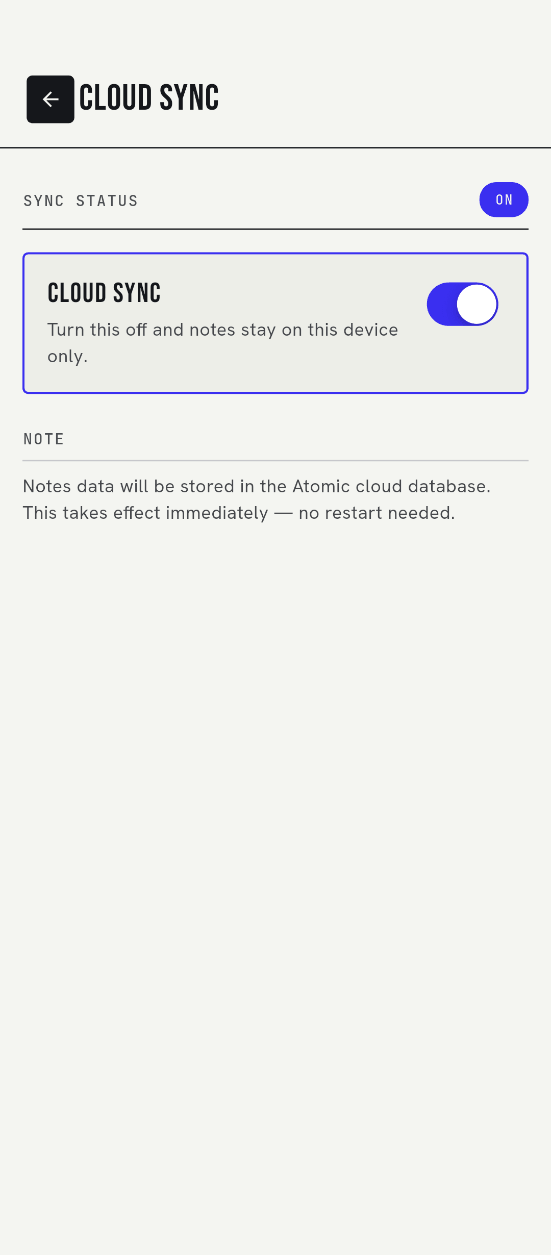 Cloud sync toggle